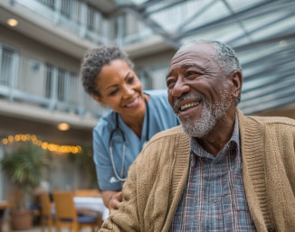 aide smiling at the elderly woman