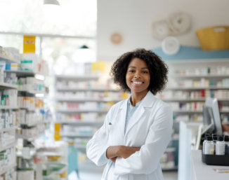 Pharmacist in a white coat using a tablet to check inventory in a well-organized pharmacy with shelves of medications.